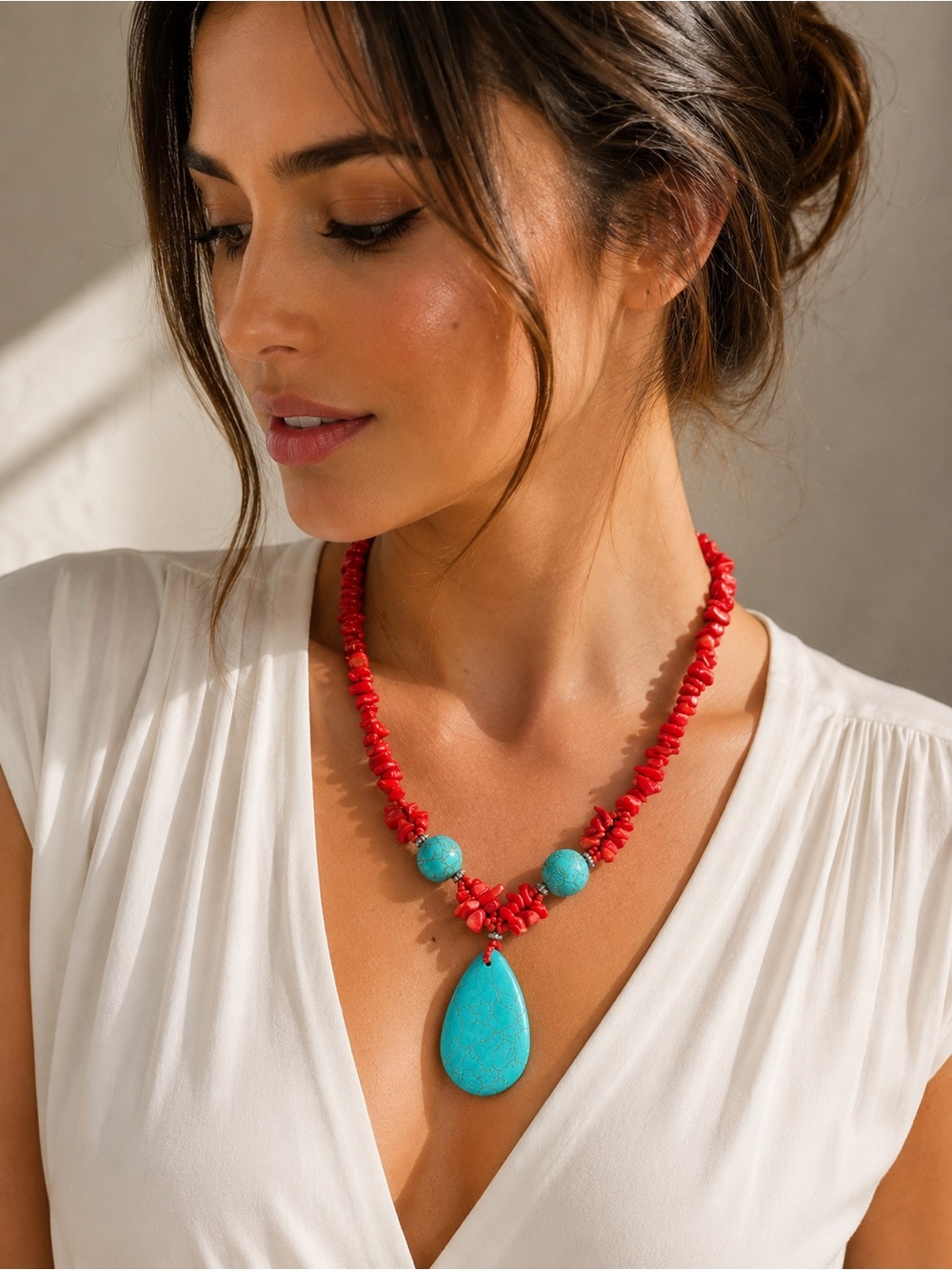 Boho Red Coral & Turquoise Statement Necklace | Southwest Style
